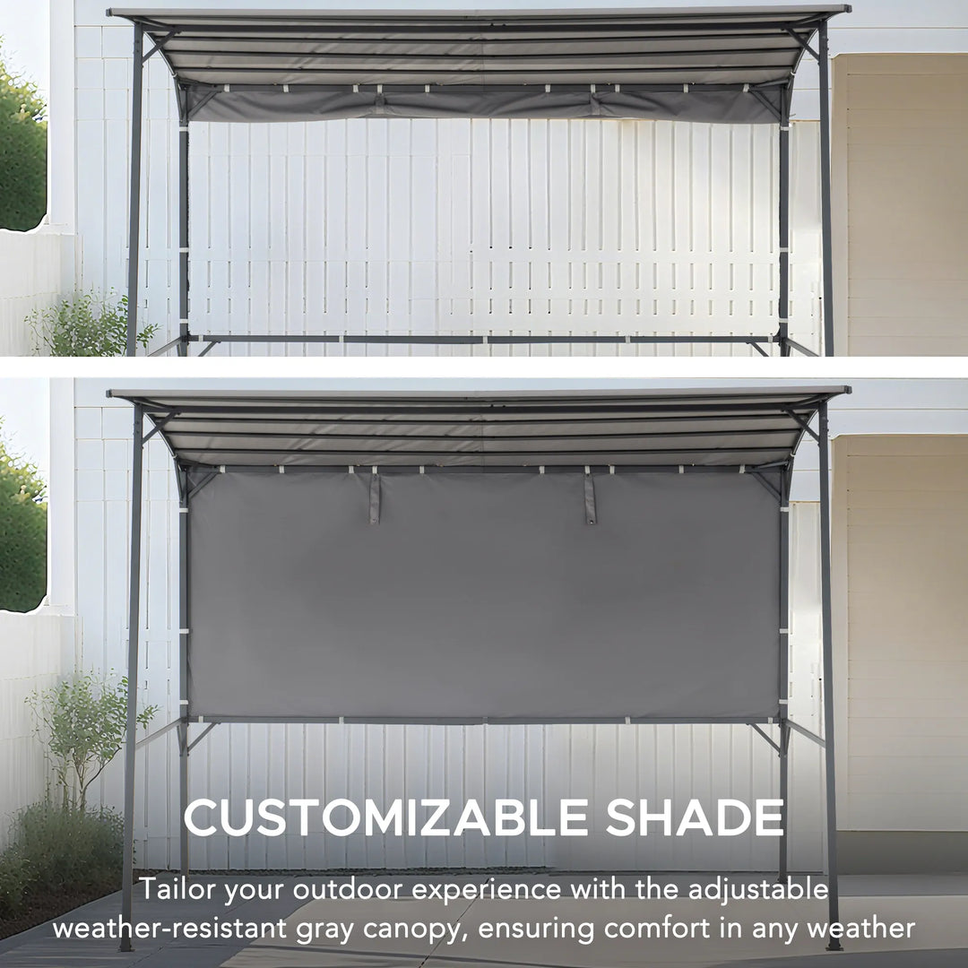 Adjustable weather-resistant gray canopy with customizable shade in an outdoor setting.