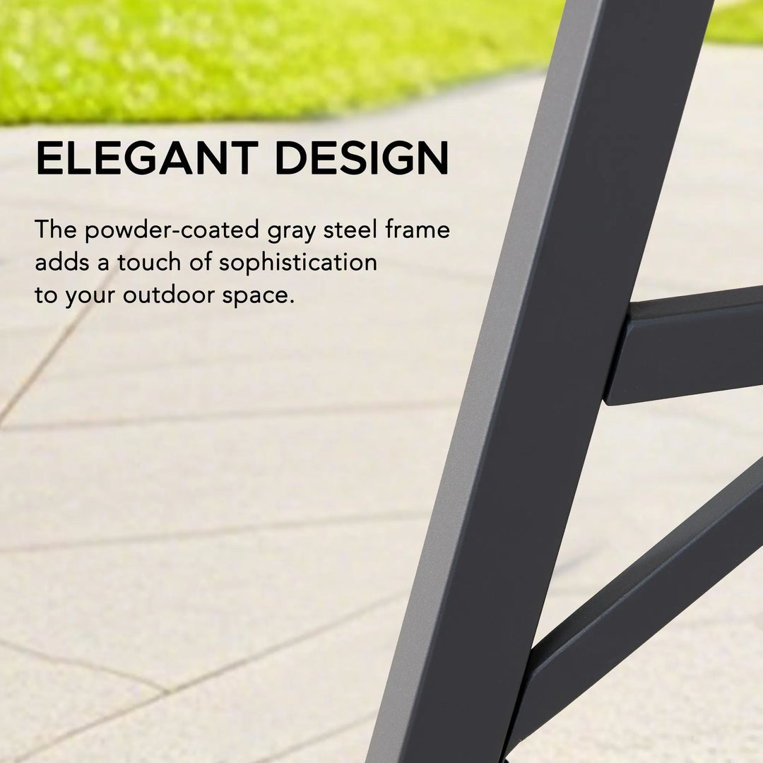Powder-coated gray steel frame with text on an outdoor setting