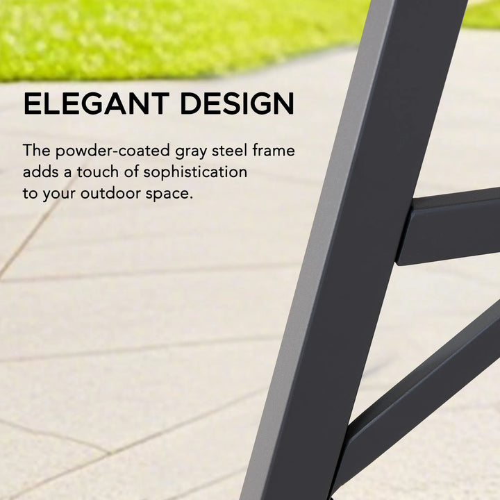 Powder-coated gray steel frame with text on an outdoor setting