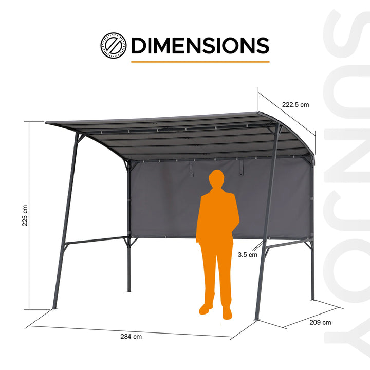 Measurement chart of a canopy with dimensions labeled, featuring an orange silhouette of a person for scale.