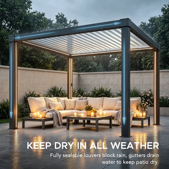 MATTERHORN Solar Illuminated Louvered Pergola Integrated Drainage 3.06m x 3.06m - Anthracite