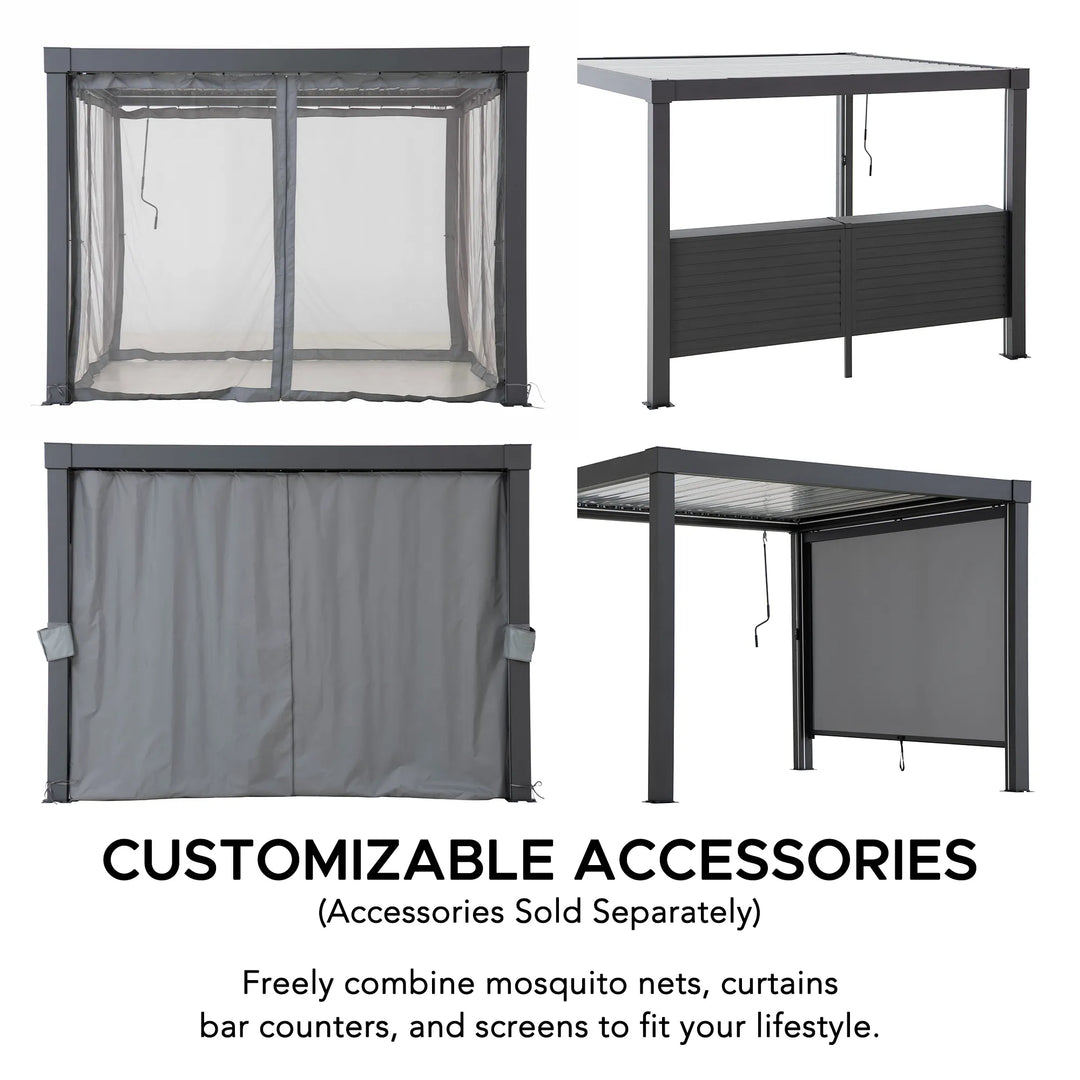 Customizable accessories for outdoor furniture including mosquito nets, curtains, and screens on a white background.