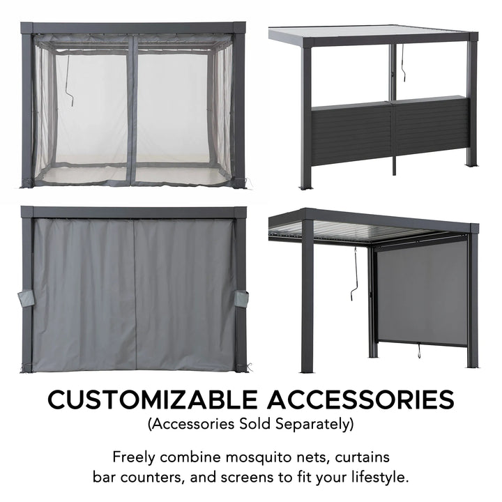 Customizable accessories for outdoor furniture including mosquito nets, curtains, and screens on a white background.
