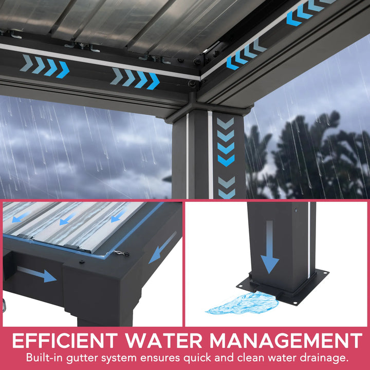 Gutter system with rain simulation and water drainage illustration, emphasizing efficient water management.