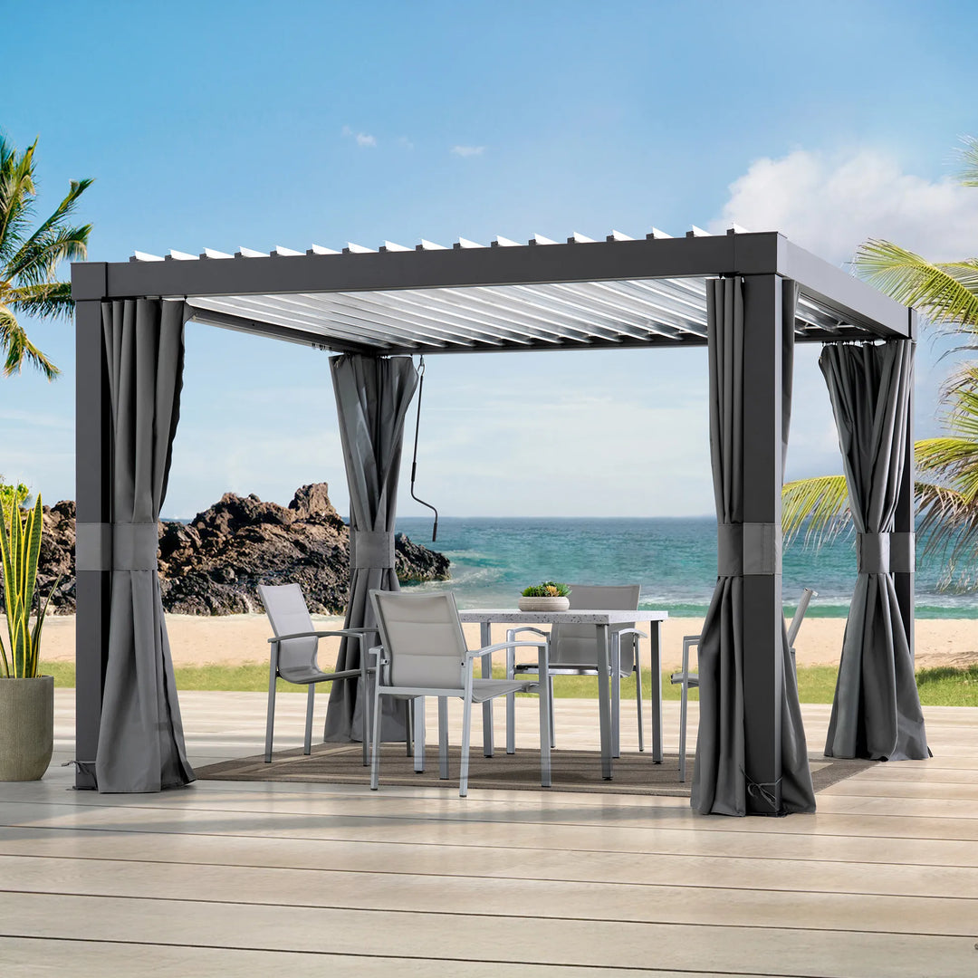 Patio with pergola, outdoor furniture, and ocean view