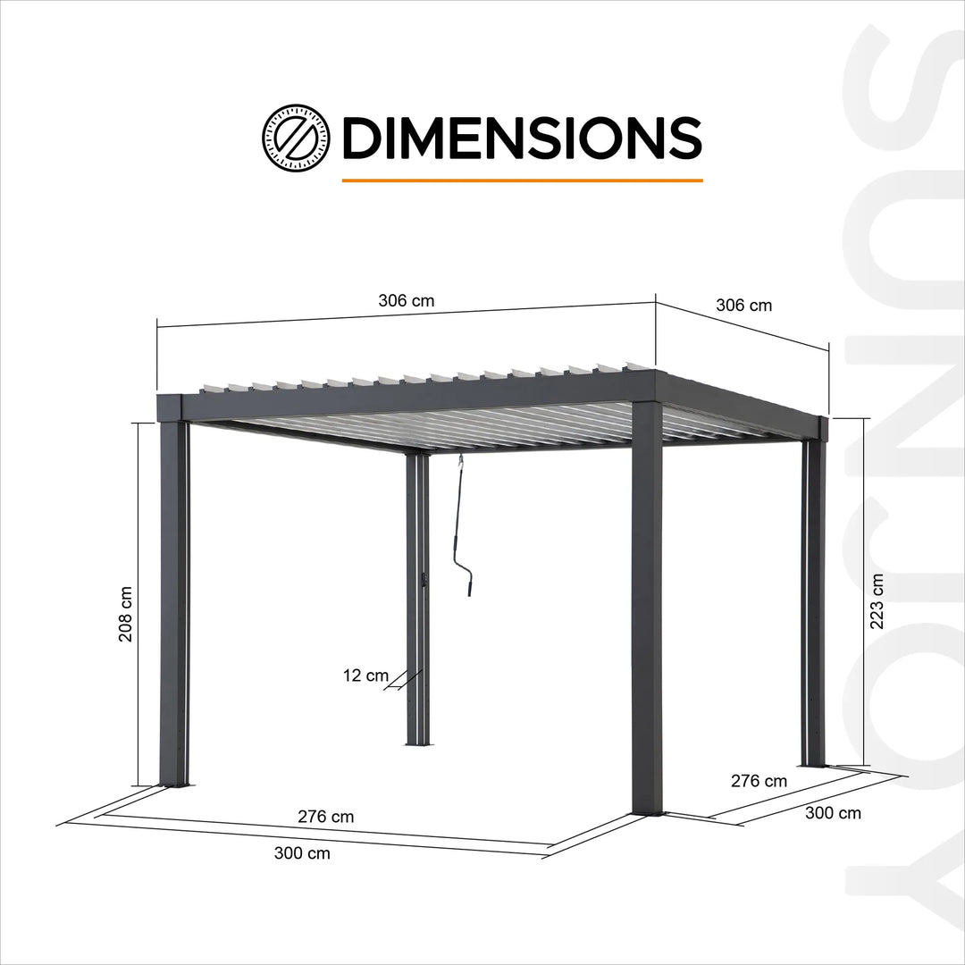 Dimensions of a metal canopy structure on a white background