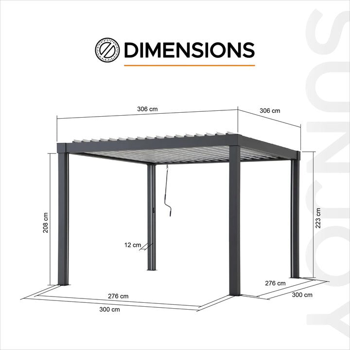 Dimensions of a metal canopy structure on a white background