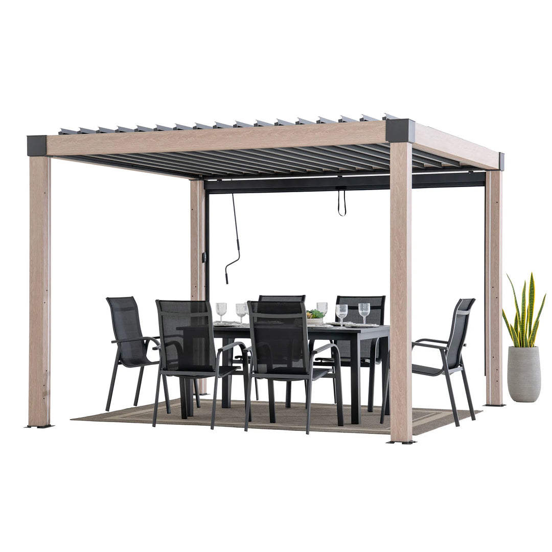 Patio with pergola, dining table, and chairs on a white background