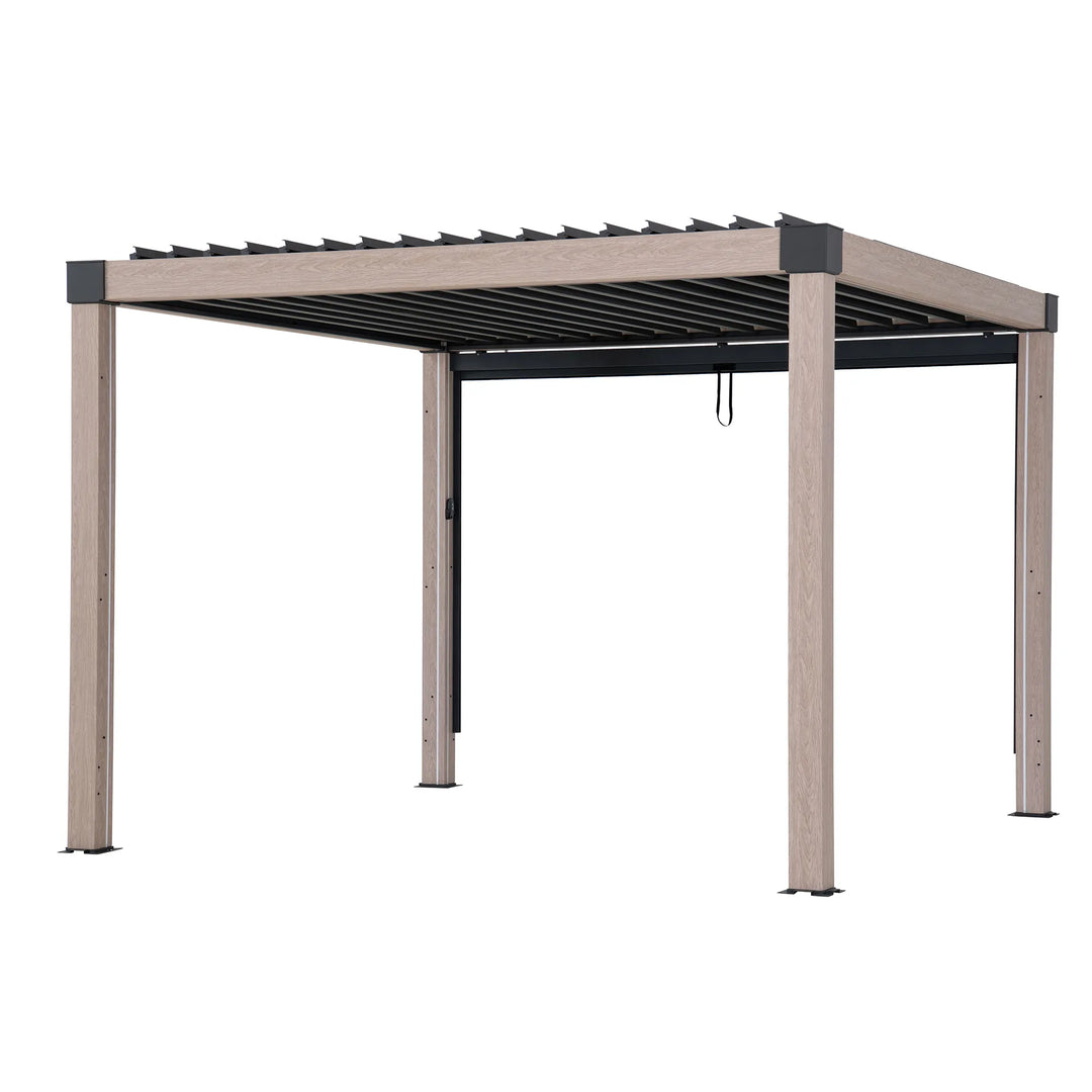 Patio cover with wooden panels and metal frame on a white background