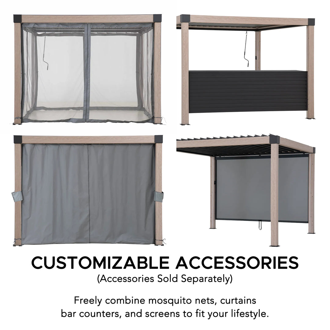 Customizable outdoor accessories including mosquito nets, curtains, and screens on a white background.
