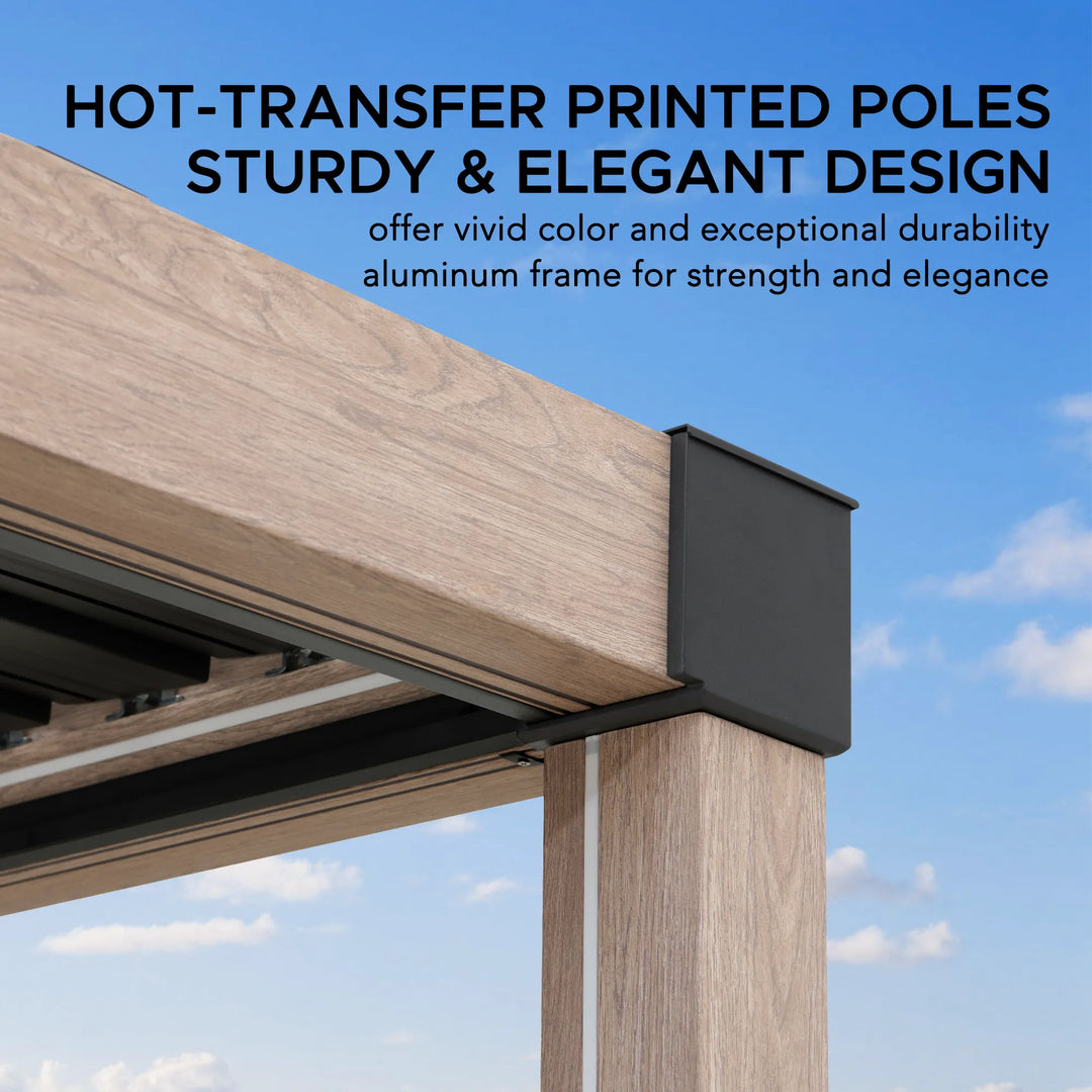 Pole structure with wooden finish and black top against a blue sky