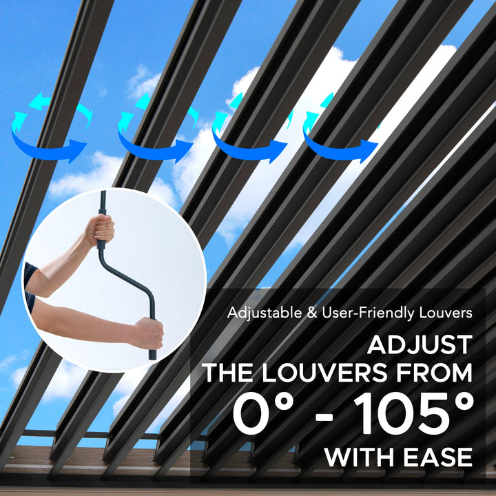 Window with adjustable louvers and a hand adjusting them, with a blue sky background.