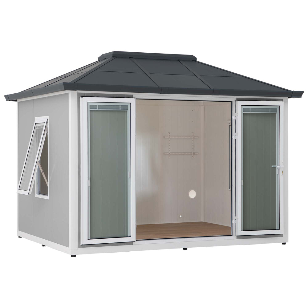Small gray shed with transparent sliding doors on a white background