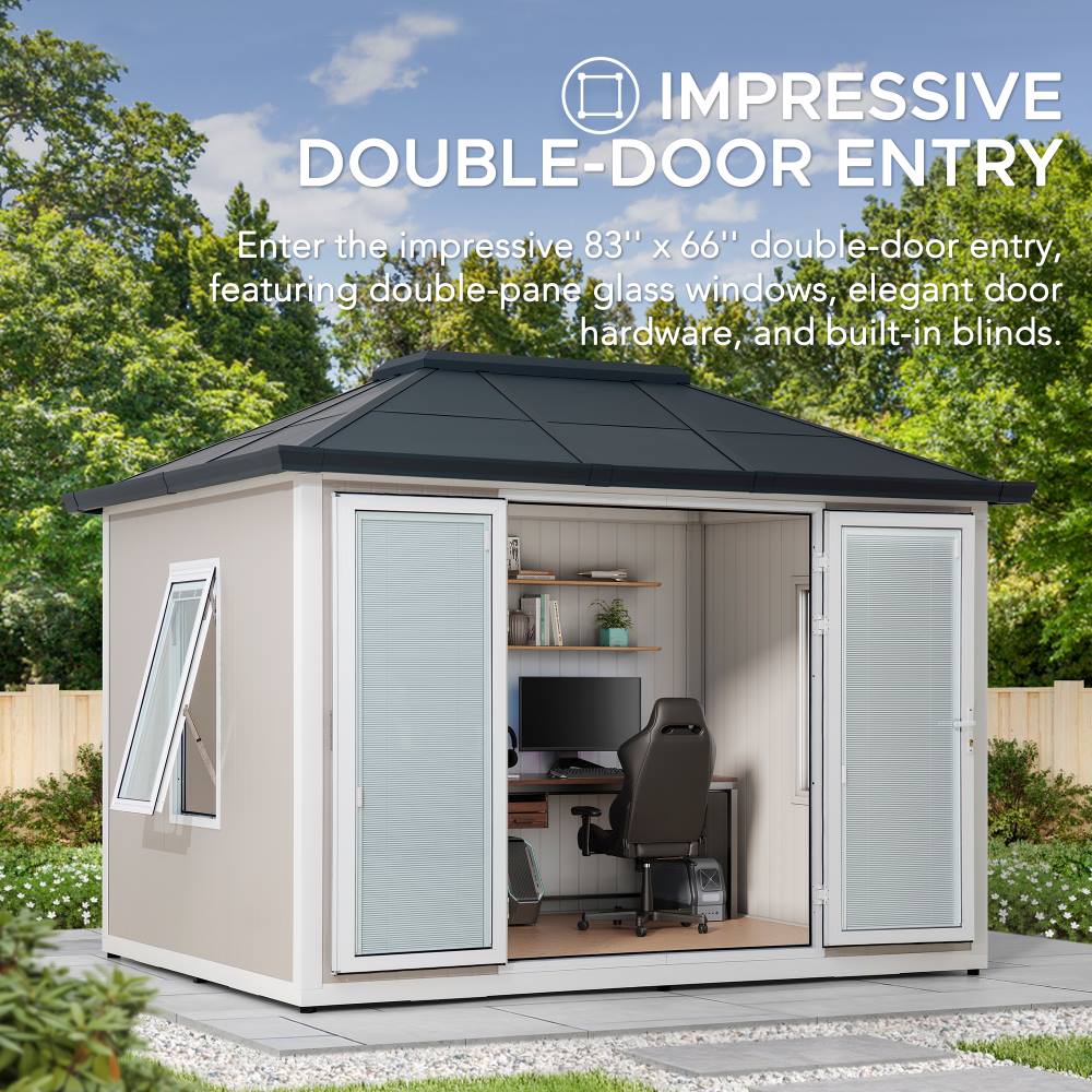 Modern garden office with double doors and glass windows in a natural setting