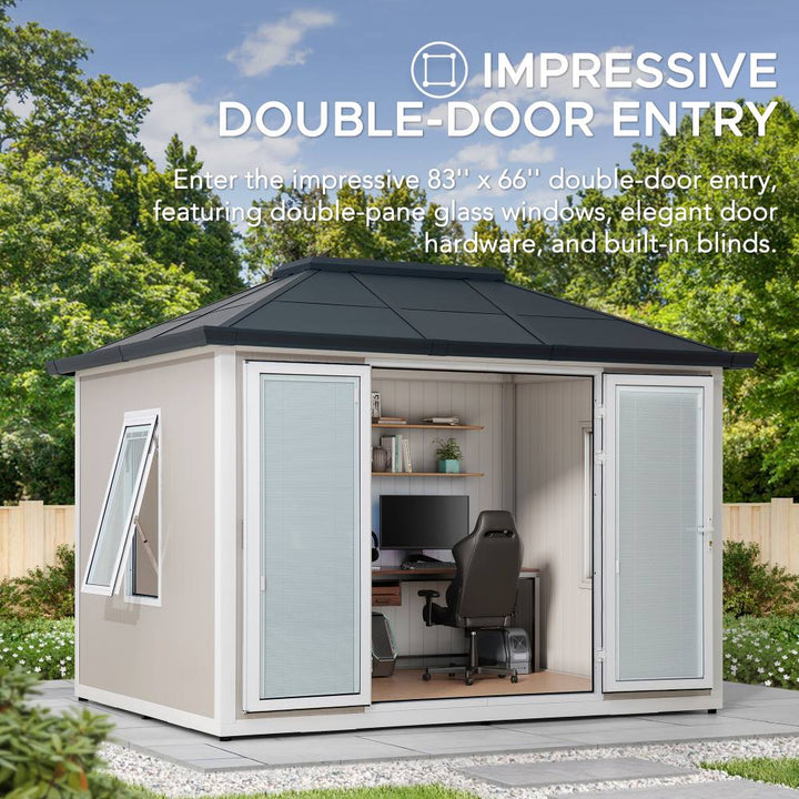 Modern garden office with double doors and glass windows in a natural setting