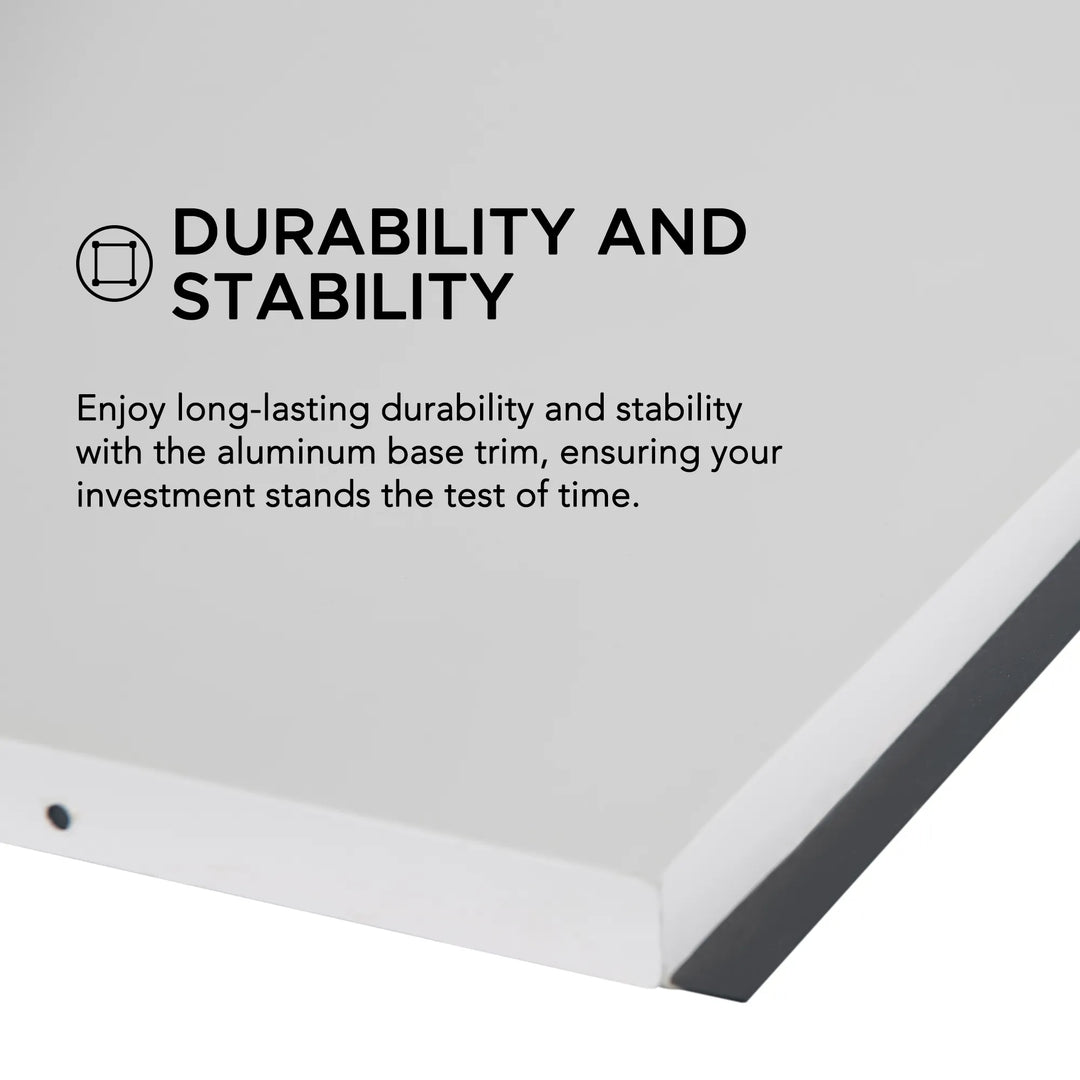 Aluminum base trim with durability and stability text on a gray background