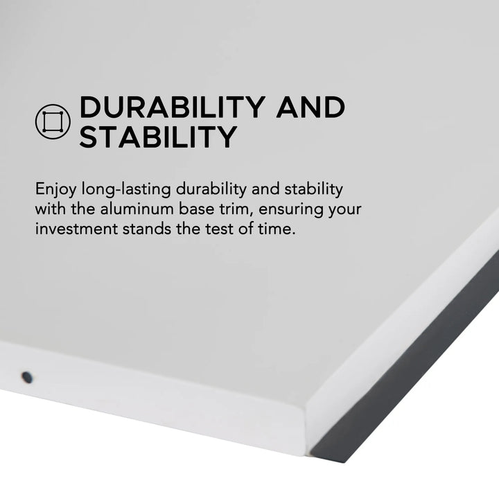 Aluminum base trim with durability and stability text on a gray background