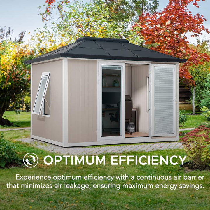 Beige garden shed with black roof in a garden setting, featuring text about optimum efficiency.