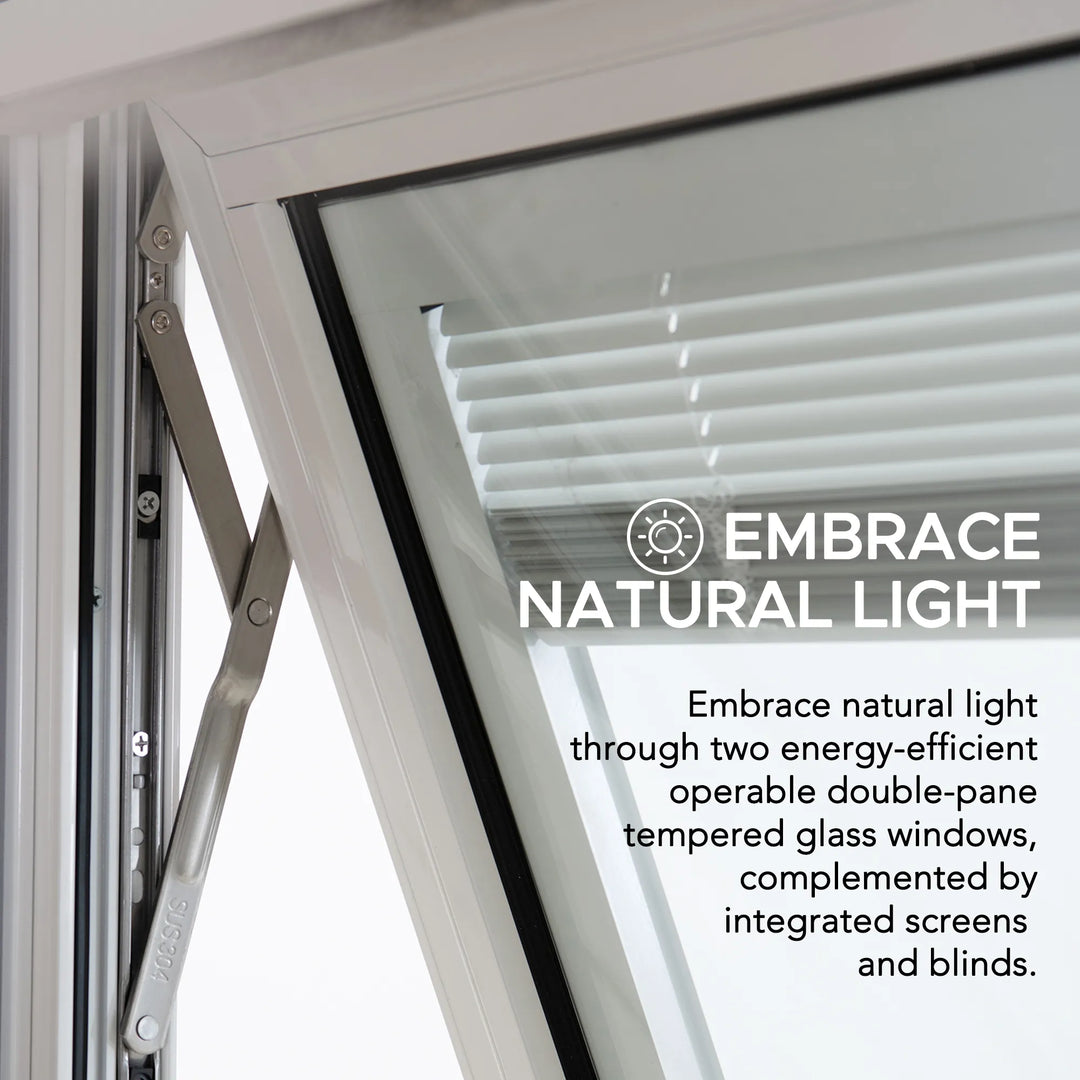 Energy-efficient operable double-pane tempered glass window with integrated screens and blinds, featuring the brand 'Embrace'.