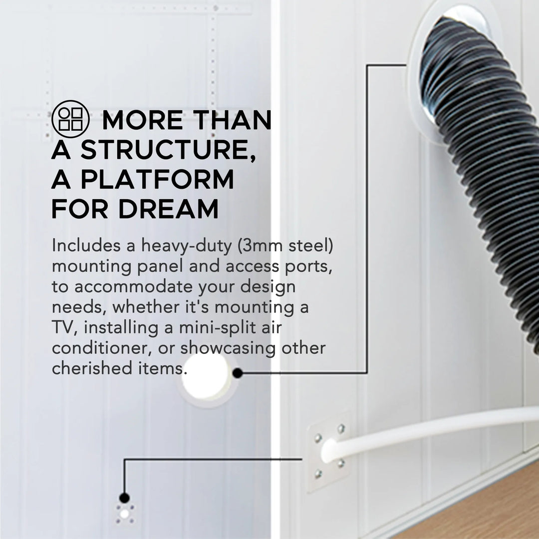 White wall with a black flexible duct and text about a platform for mounting devices.