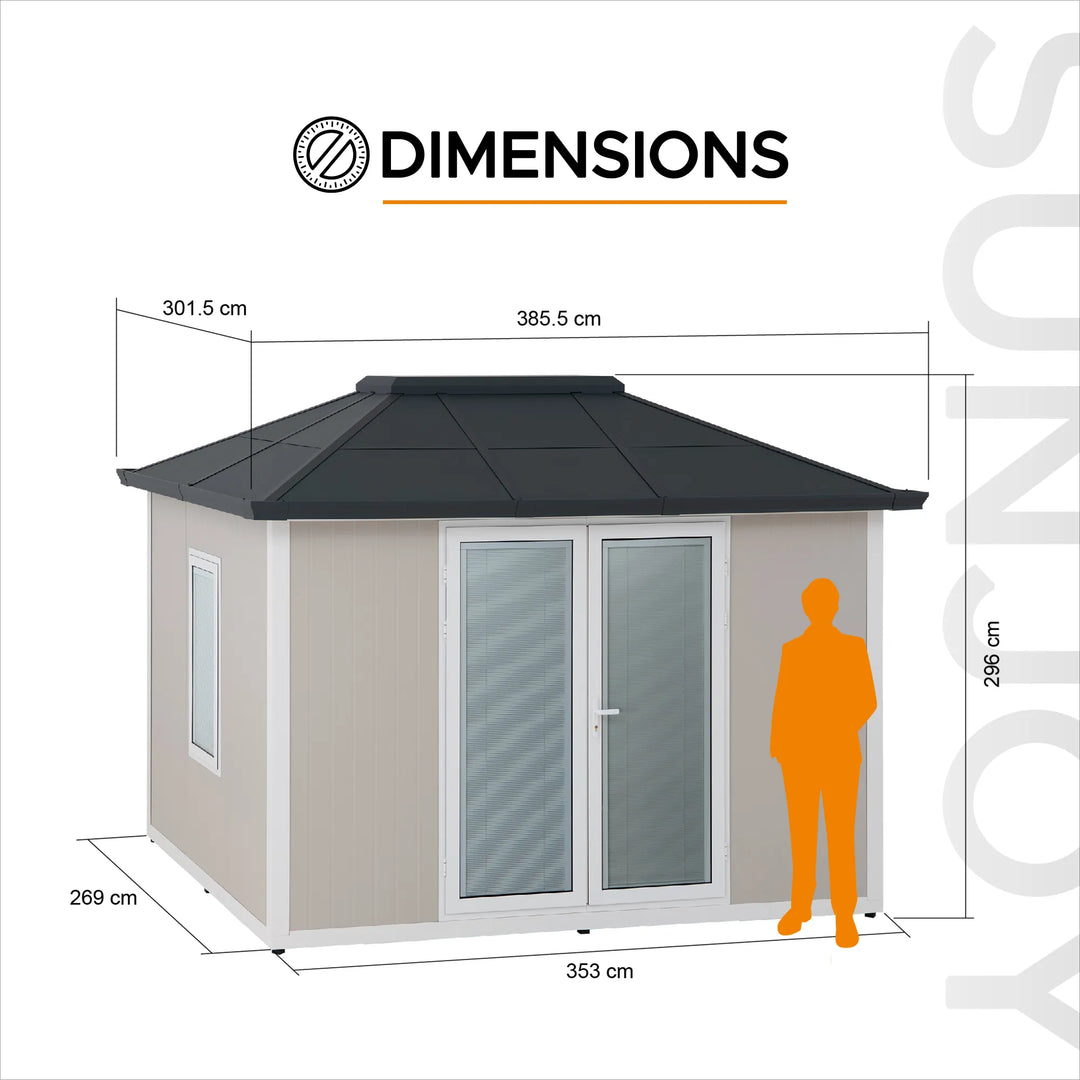 Dimensions of a small building with a person silhouette for scale on a white background