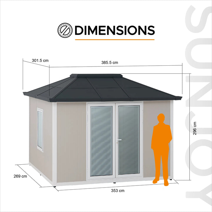 Dimensions of a small building with a person silhouette for scale on a white background