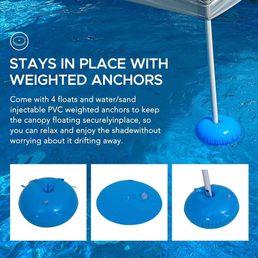 Blue canopy with weighted anchors in a pool, featuring text about its stability.