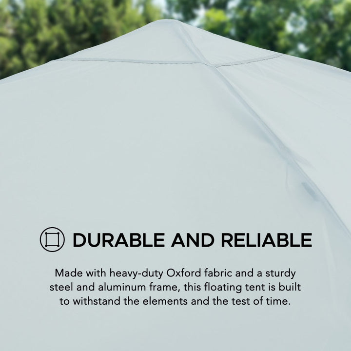 Floating tent with text highlighting durability and reliability