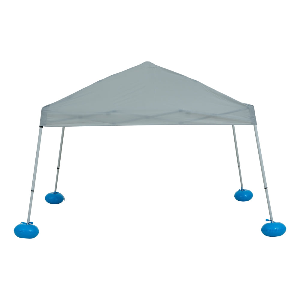 Gray outdoor canopy tent with blue foot pads on a white background