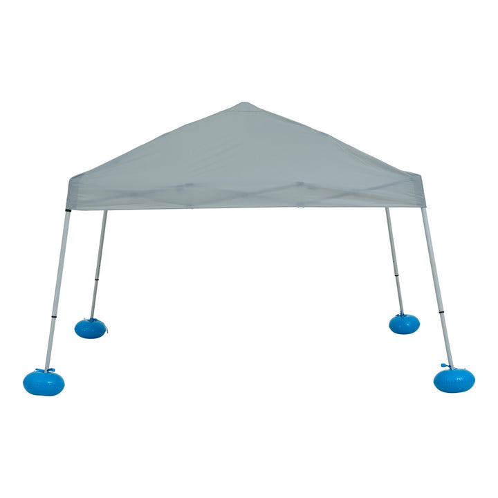 Gray outdoor canopy tent with blue foot pads on a white background