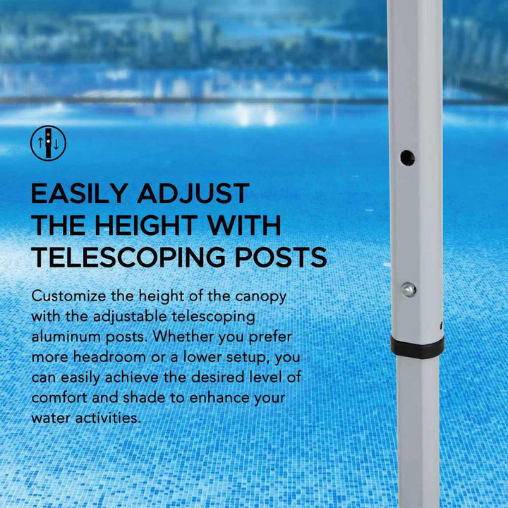 Telescoping aluminum post for adjusting canopy height over a pool with text overlay.