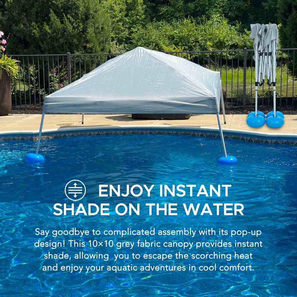 Floating canopy over a pool with text promoting instant shade on water.