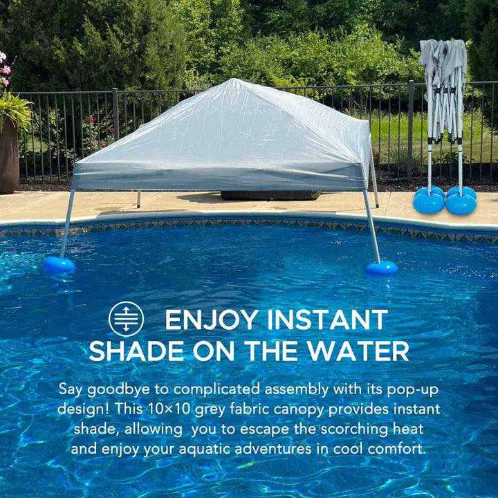 Floating canopy over a pool with text promoting instant shade on water.
