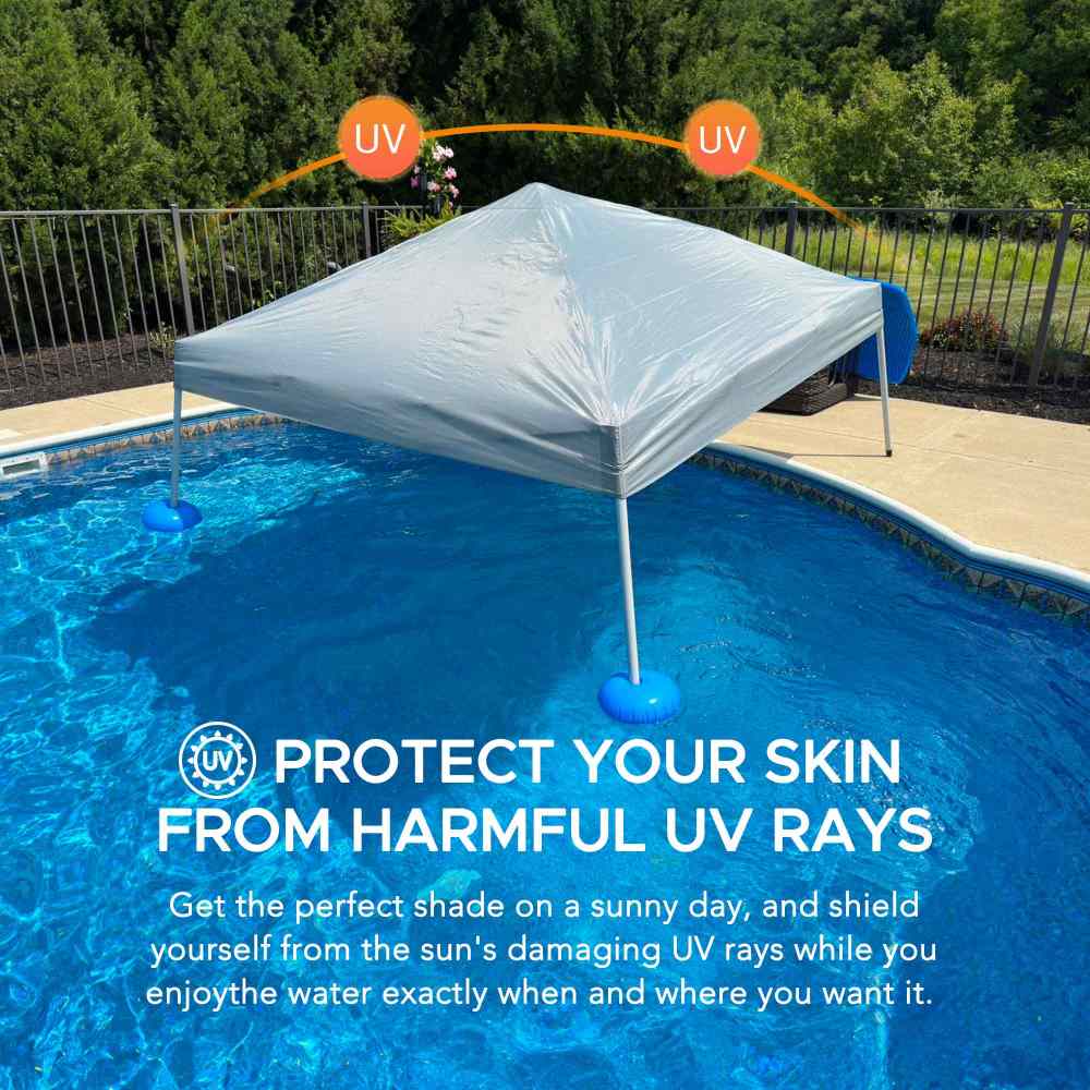 Portable canopy over a pool with text about UV protection