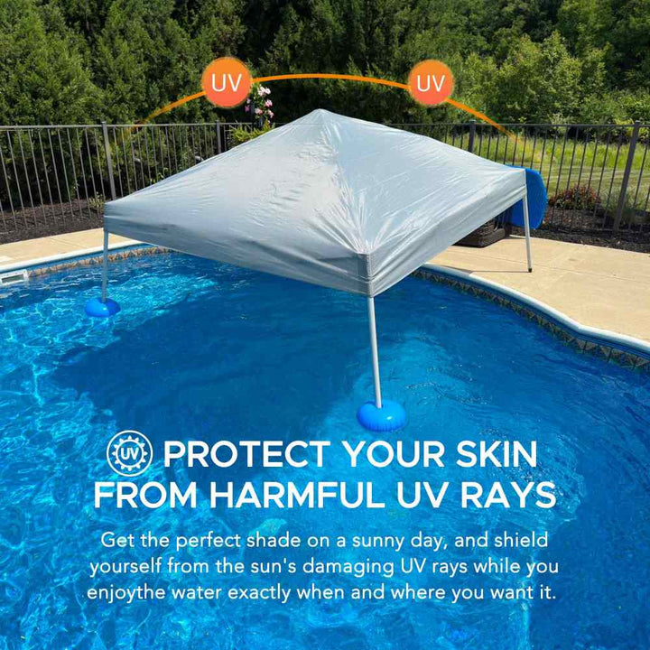 Portable canopy over a pool with text about UV protection