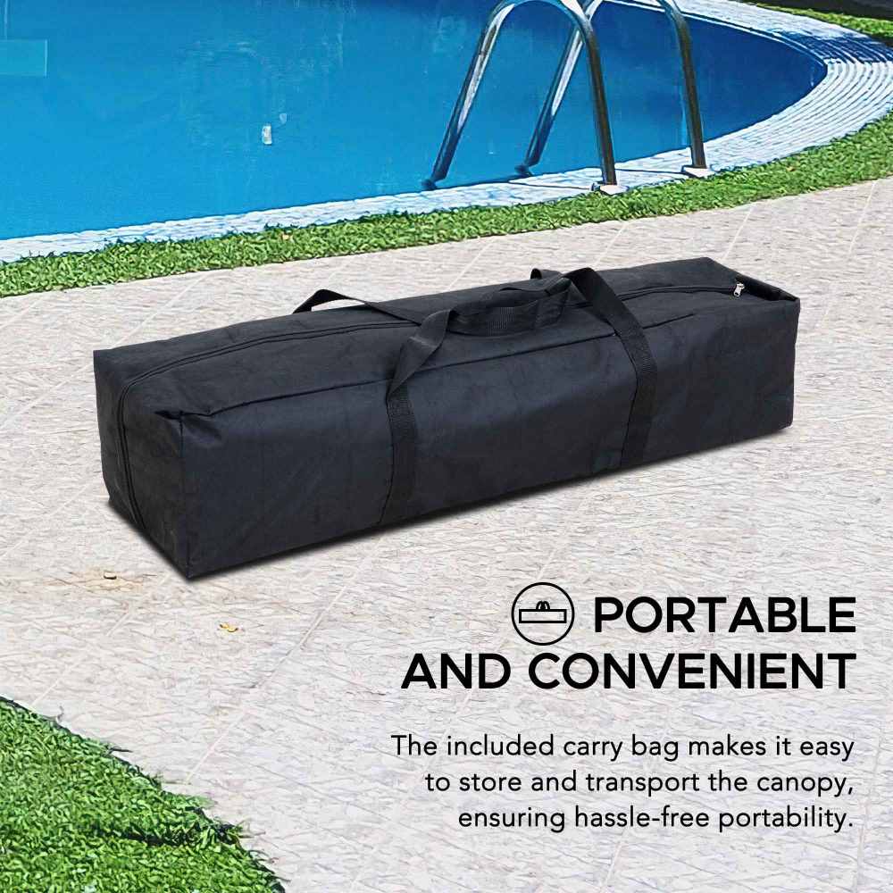 Black carry bag for a canopy with text about its portability, placed on a patio near a pool.