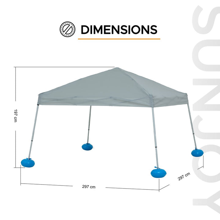 Measurement chart of a gray canopy tent with dimensions labeled.