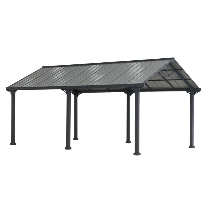 Black metal carport structure on a white background