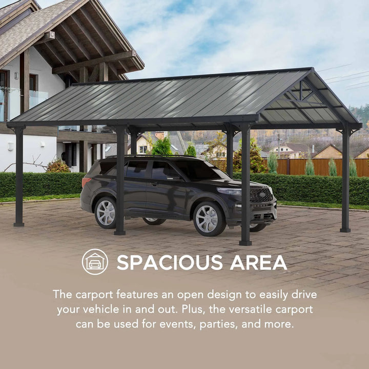 Carport with a car underneath, featuring text about its spacious area and versatility.