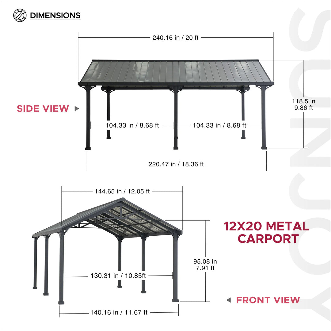 Dimensions of a 12x20 metal carport with side and front views.