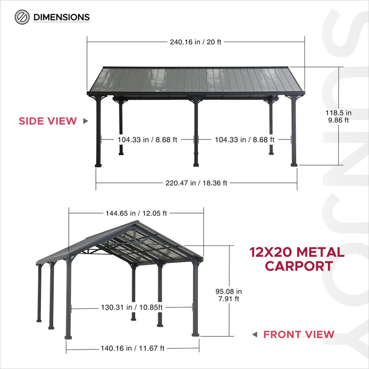 Dimensions of a 12x20 metal carport with side and front views.