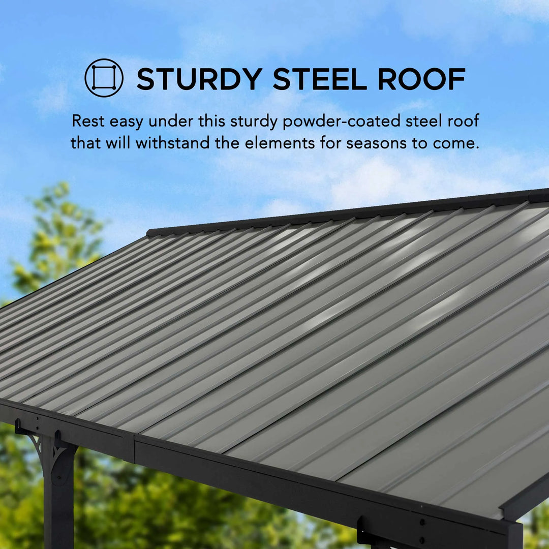 Sturdy steel roof with text on a clear blue sky background