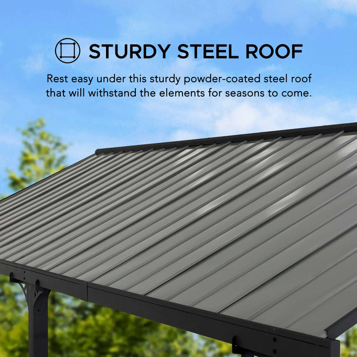 Sturdy steel roof with text on a clear blue sky background