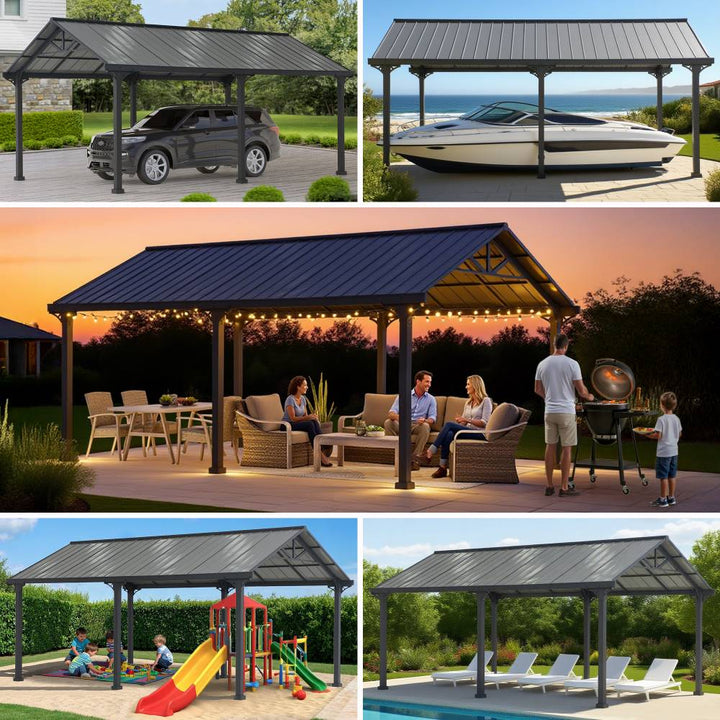 Collage of various outdoor carports and pavilions in different settings.