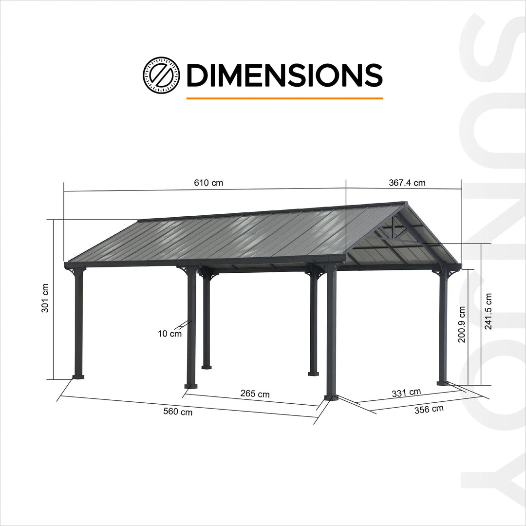 SUNJOY 6.1m x 3.67m Heavy-Duty Steel Frame Metal Carport 
