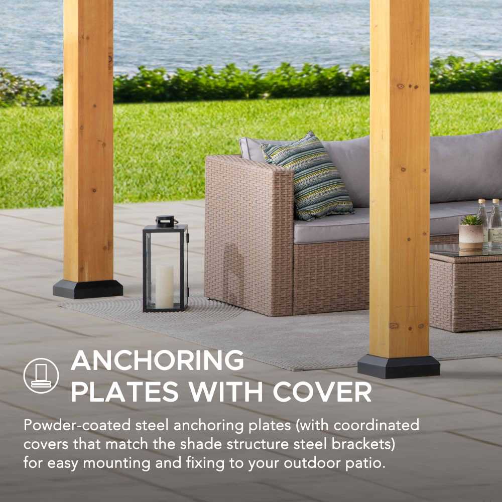 Outdoor patio setup with furniture and anchoring plates with cover, featuring a scenic background.