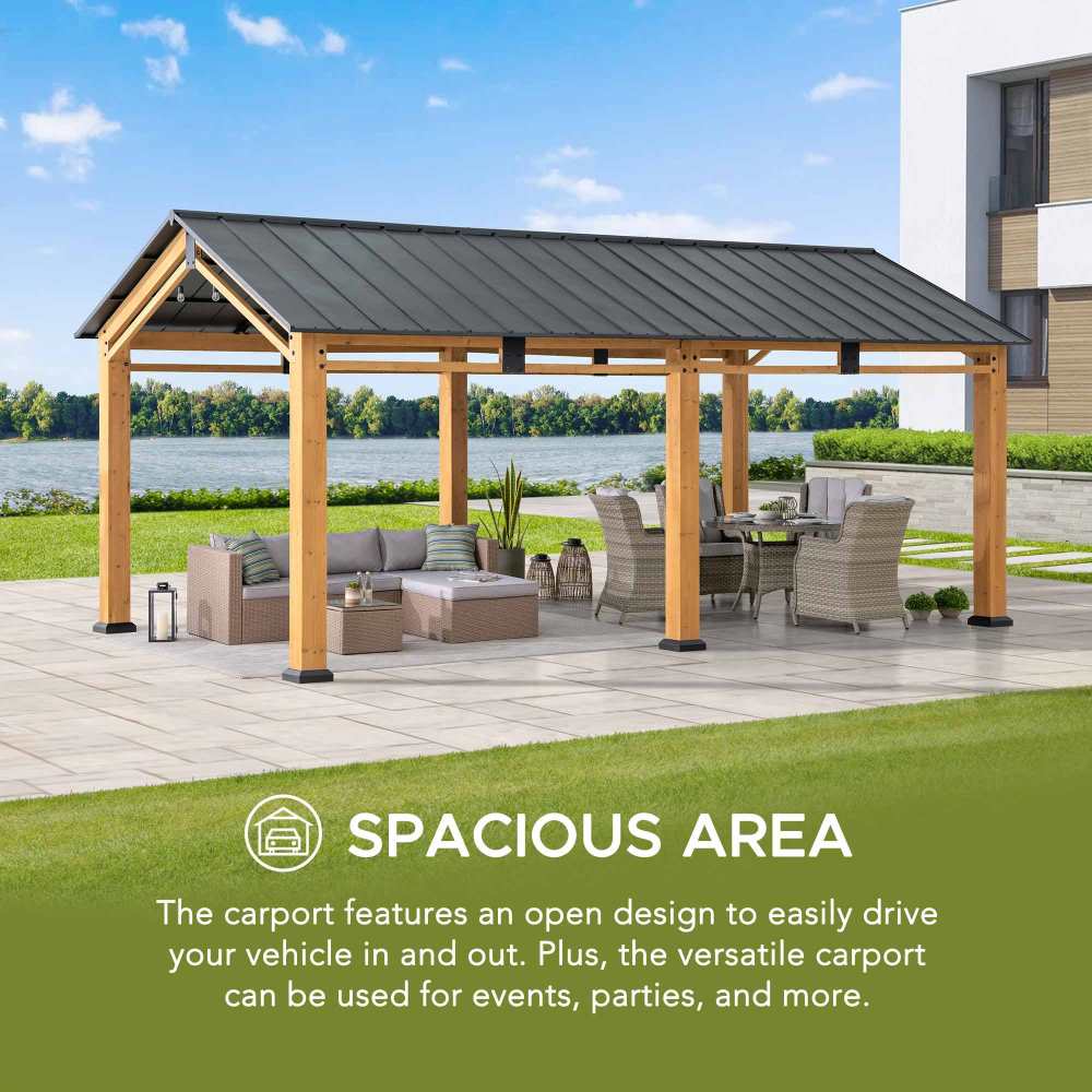 Wooden carport with outdoor furniture on a patio by a lake, featuring text about its spacious area and versatility.