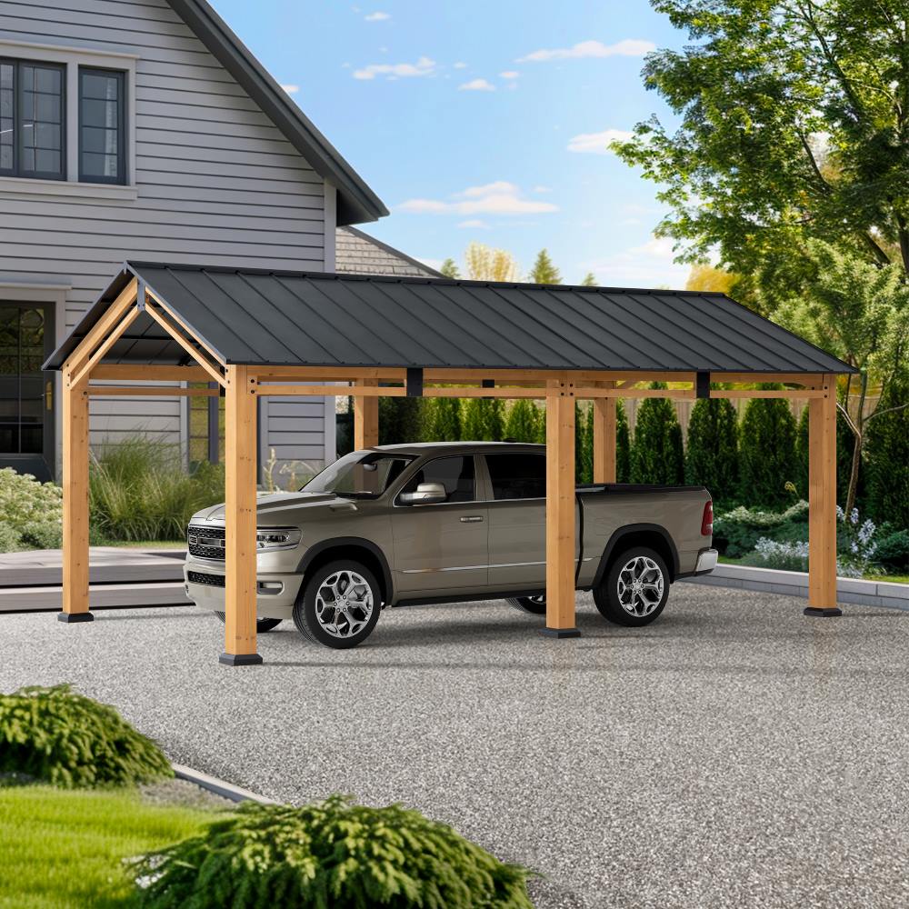 Wooden carport with a truck underneath in a driveway setting.