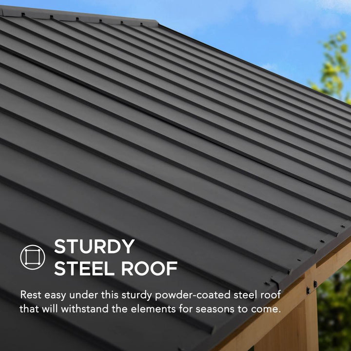 Sturdy steel roof with text indicating durability and weather resistance.