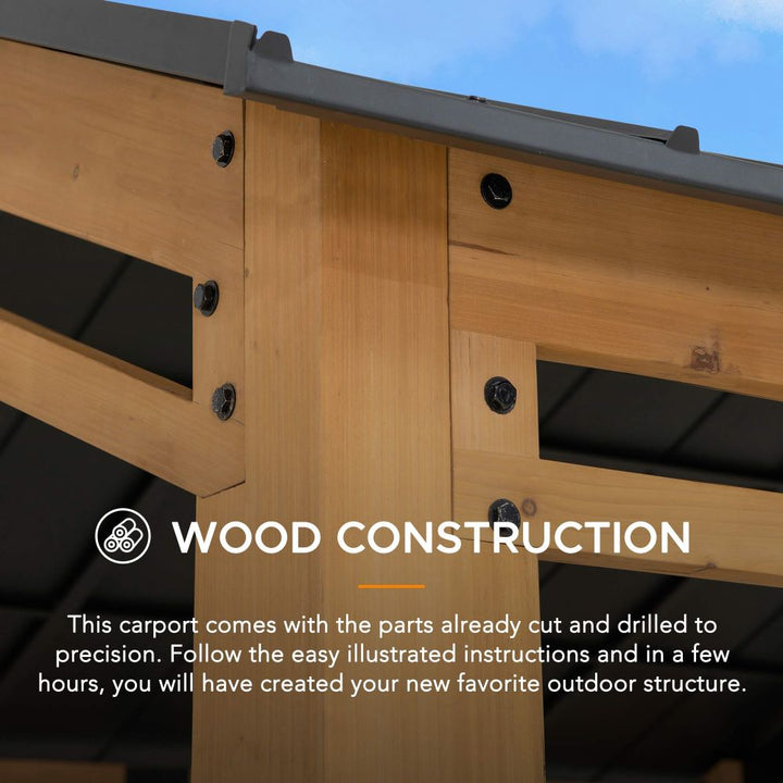 Wooden carport structure with text about wood construction and assembly instructions.